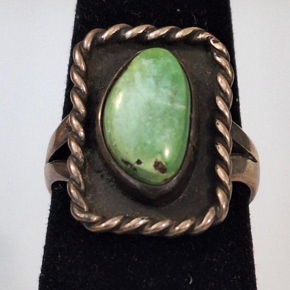 Size 6.5 Sterling Silver Manassa Turquoise Ring, Vintage Navajo Antique Jewelry - Picture 5 of 12